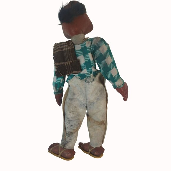 Vintage Handcrafted Mexican Folk Art Doll With Checkered Shirt & Sandals - Picture 2 of 5